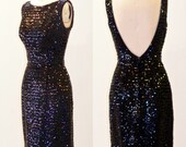 Black Sequin Vintage 60s Cocktail Dress, 1960s LBD Little Black Dress, Jaw Dropping Plunging Back Bombshell Dress VLV