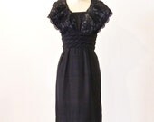 1950s Cocktail Dress, 50s Dress, Black Shantung Silk & Floral Net Lace Vintage Sheath Dress, LBD