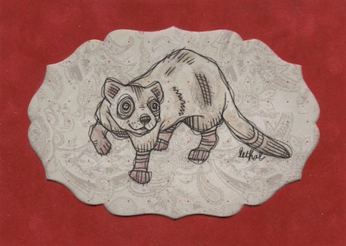 Slink - Original Mini Ink & Watercolor Ferret Drawing on Scrapbook Paper