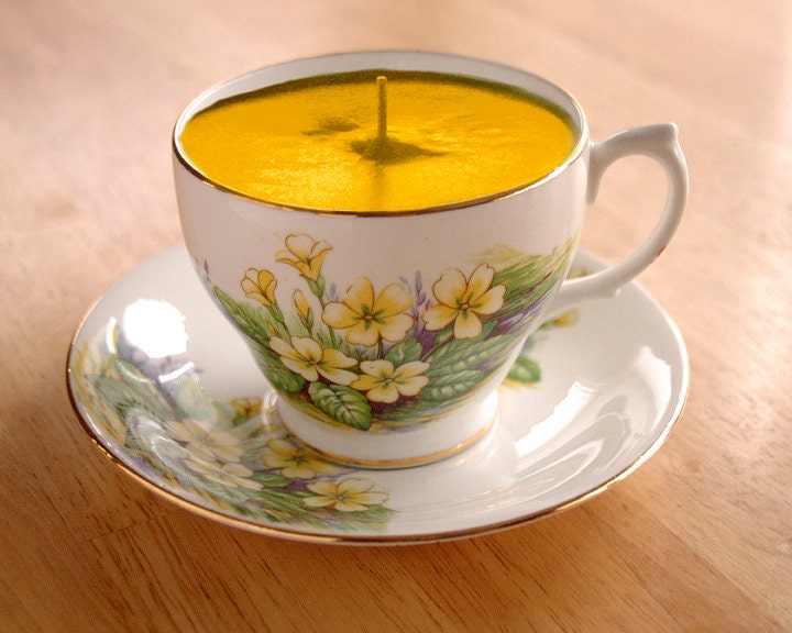 Teacup Candle - Vintage Clarence Yellow Flowers Pattern Fine Bone China Soy Wax Tea Cup Candle - your choice scent