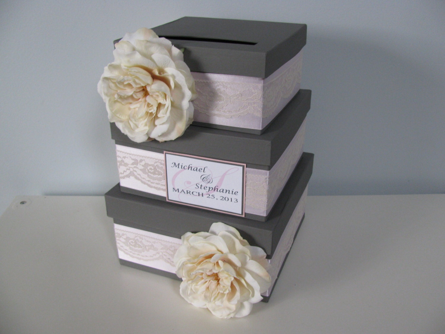 Vintage Lace Victorian Wedding Card Box 3 tiered Gray, Pink, Ivory with Chalkboard Wood or Personalized Tag Ivory Roses and Ivory Lace