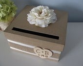 Rustic Wedding Card Box with Burlap, Ivory Rose with Chalkboard Wood or Paper Personalized Tag