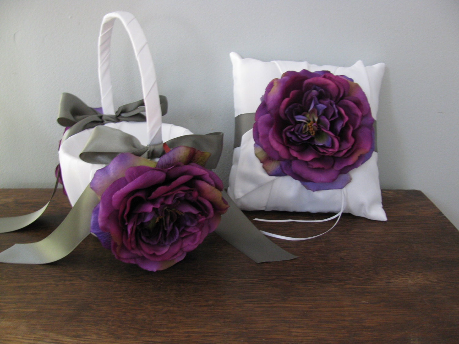 Flower Girl Basket and Ring Bearer Set of 2- Satin Ivory or White Ivory Purple Plum Rose Charcoal Gray You Customize