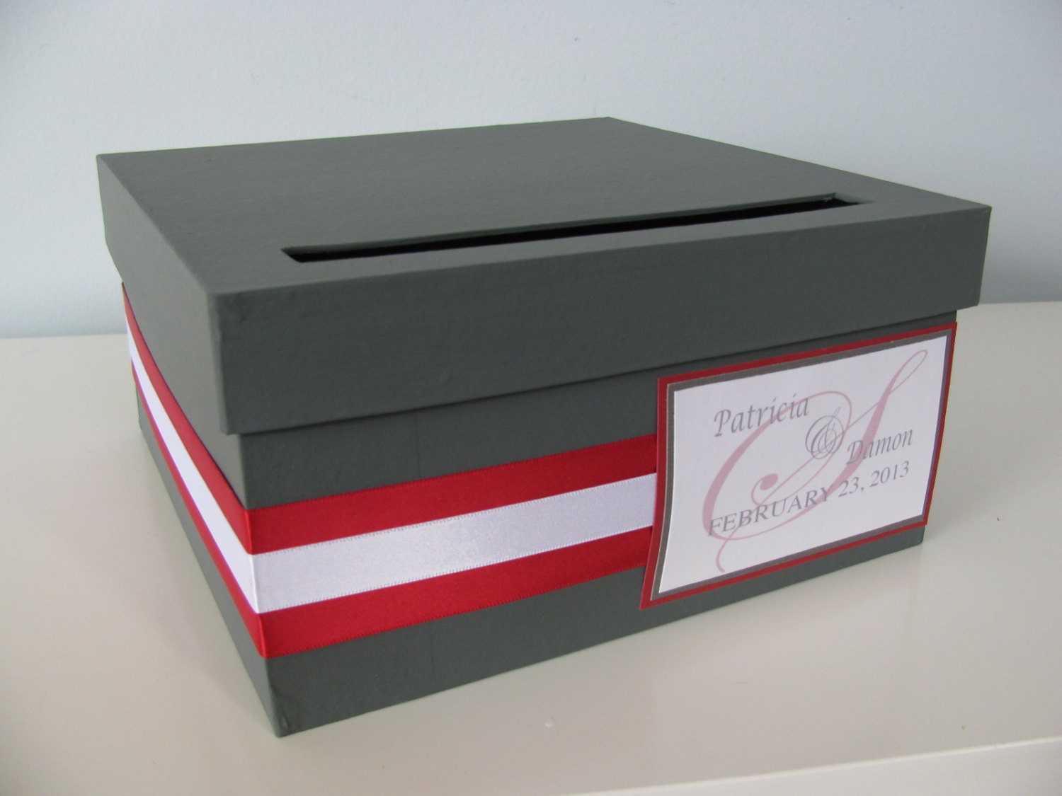 Modern Wedding Card Box Bridal Shower Engagement Anniversary Charcoal Gray and Red Modern Personalized Tag You Can Customize Small 9 inch