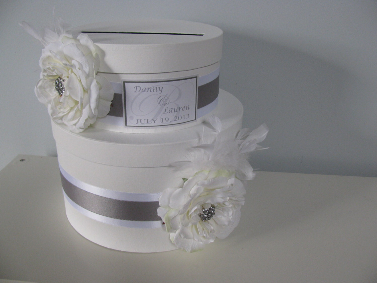 Victorian Custom Wedding Card Box 2 tiered with Personalized Tag White, Silver, Bling Rhinestones with Feathers White Roses