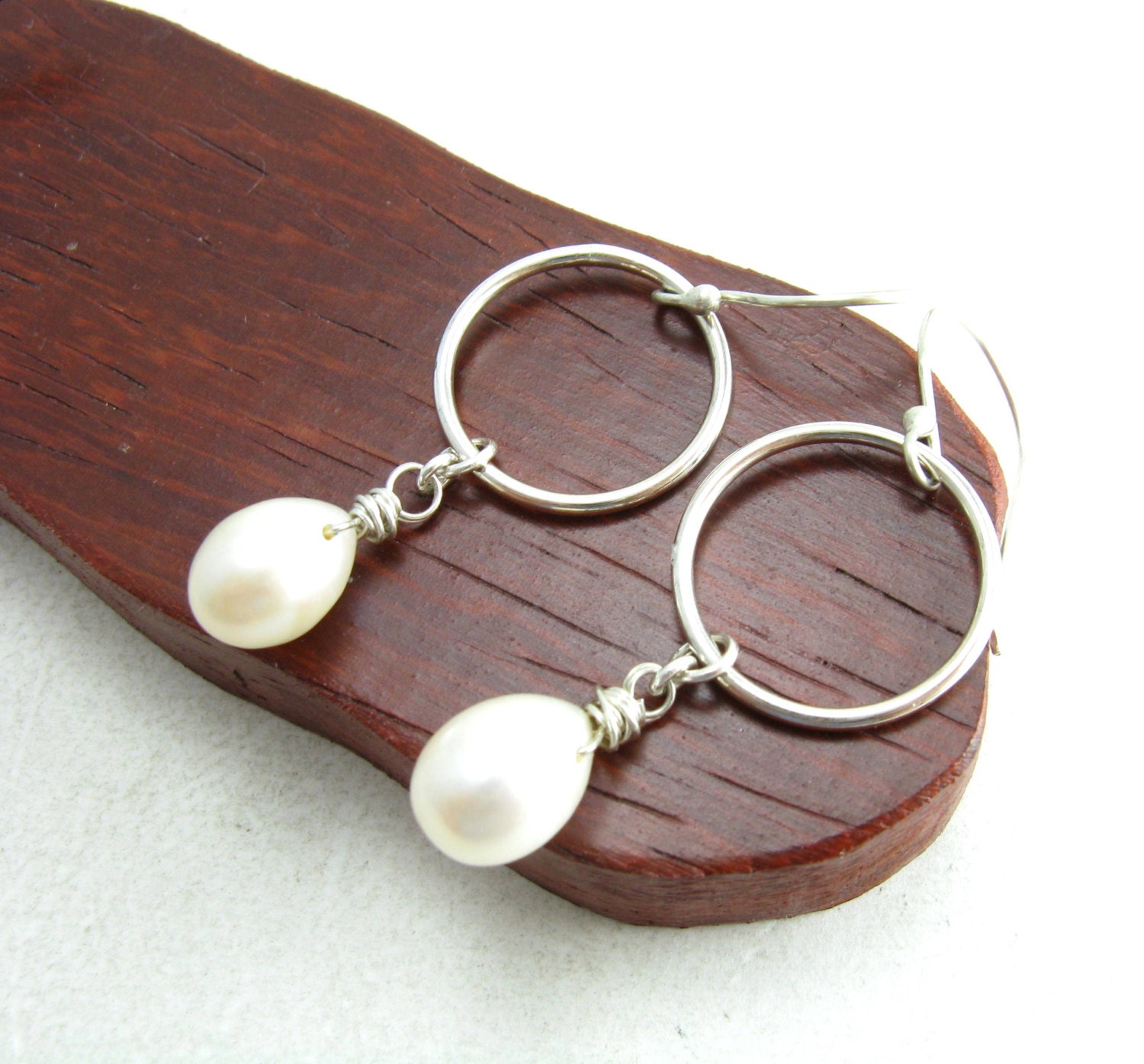 Sterling Silver Hoop and White Pearl Drop Earrings Handcrafted Silver and Pearl Jewelry