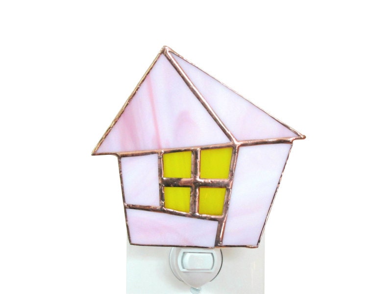 Pink Stained Glass Night Light Fairytale House Cottage Nursery Nightlight Handmade OOAK