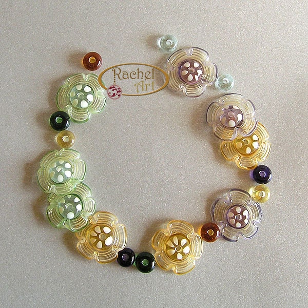 Flower Lampwork Beads, Floral Lampwork Glass Beads, Handmade Lampwork Glass Disc Beads Set (21)
