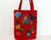 Vintage 1970s Tote - Bright Red Corduroy Handbag with Floral Applique -