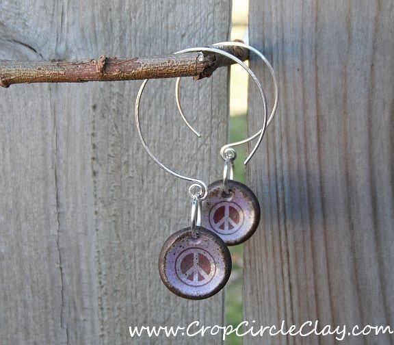 Soul Sister Gift  Peace Purple Peace Earrings Lavender Peace rustic peace sterling silver hoops Flower Child Funky BOHO Gift