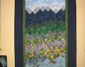Art Quilt Lake Tahoe Blue Mountains Flowers and Stream Wall Hanging