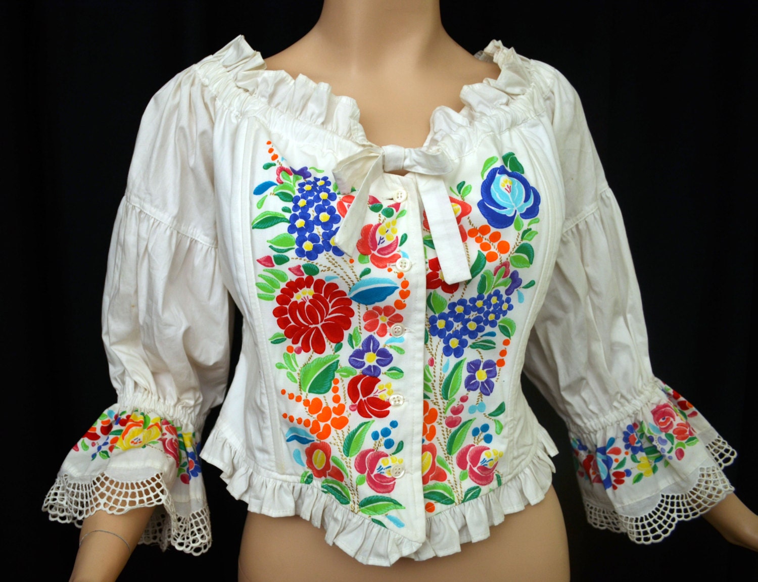 Vintage GOTTEX Hand Painted Top // Bohemian Peasant Blouse // Victorian Inspired Boned Bodice - VintageDevotion