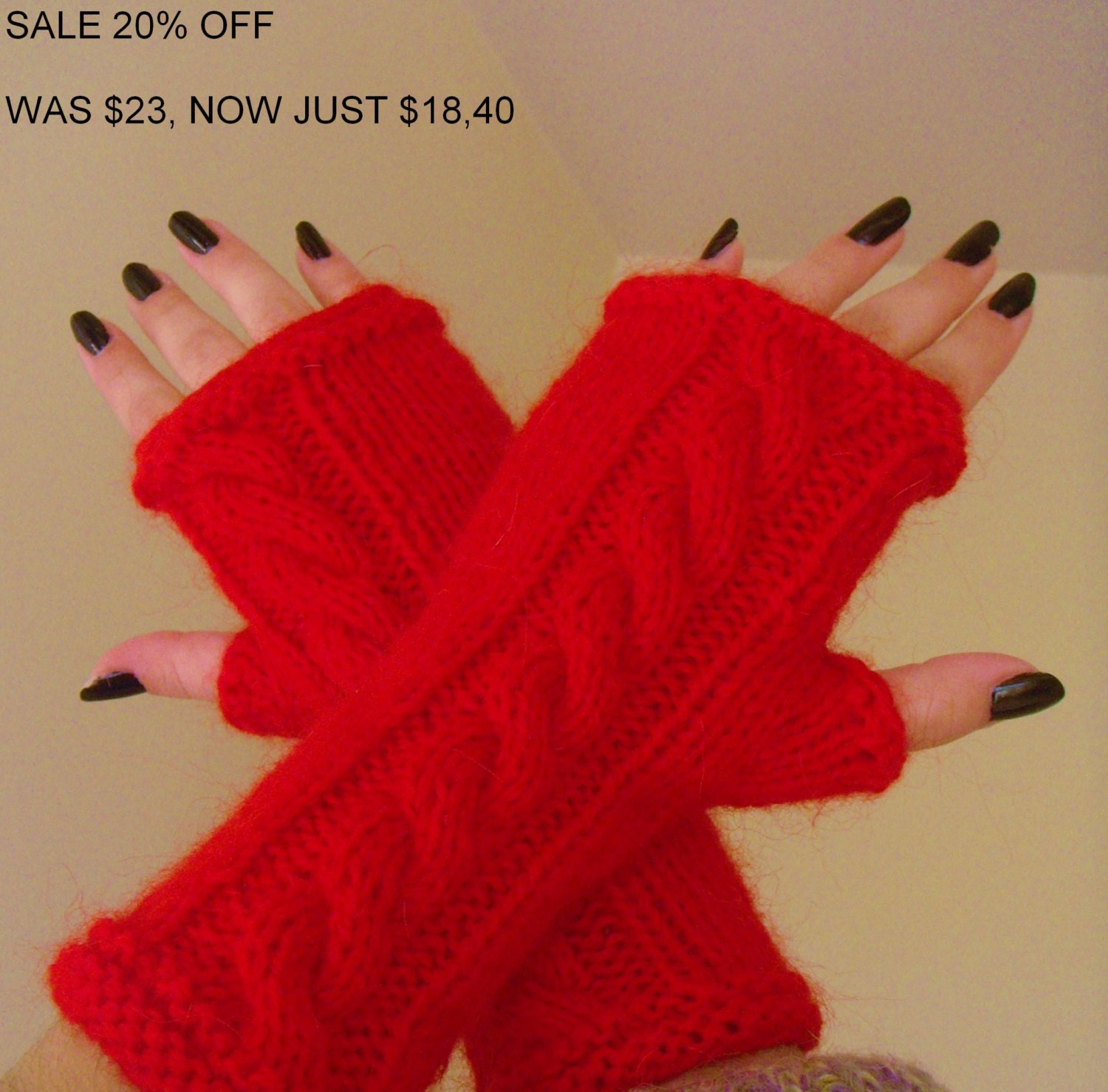 SALE 20% OFF, gift  Red Fingerless mittens arm warmers knit fingerless gloves Soft and warm handmade