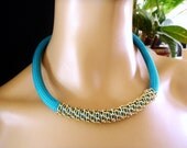 Rope Necklace, Nautical Sailing Necklace, Statement Necklace, Tribal Necklace, Turquoise Rope and Gold Plated Chain