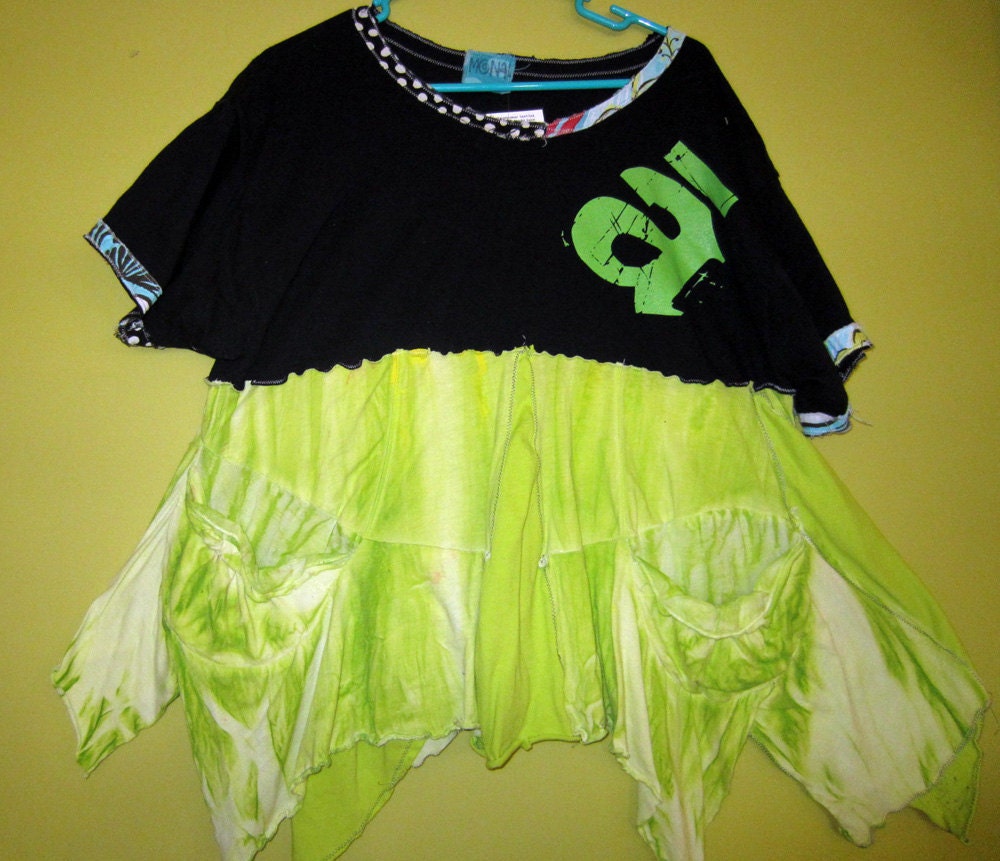 Hand Dyed black and Chartreuse funky upcycled top fits Small Med Lg