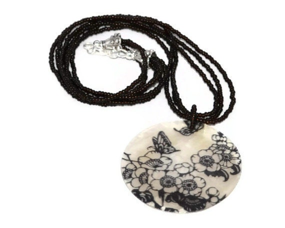 Capiz Shell Stamped Pendant Three Strand Seed Bead Necklace