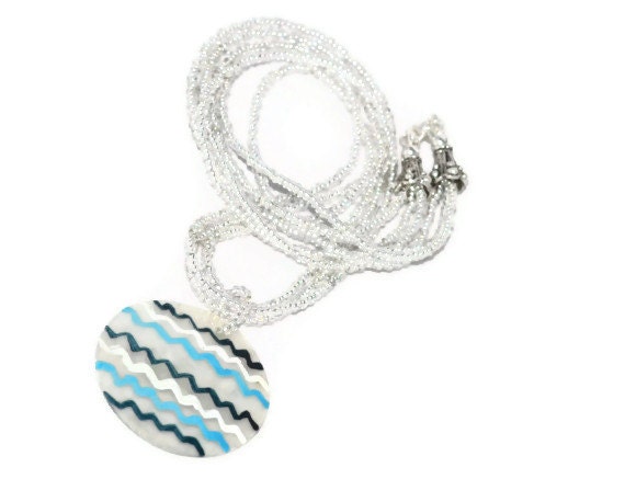 Zig Zag Striped Capiz Shell Pendant Multi Strand Necklace
