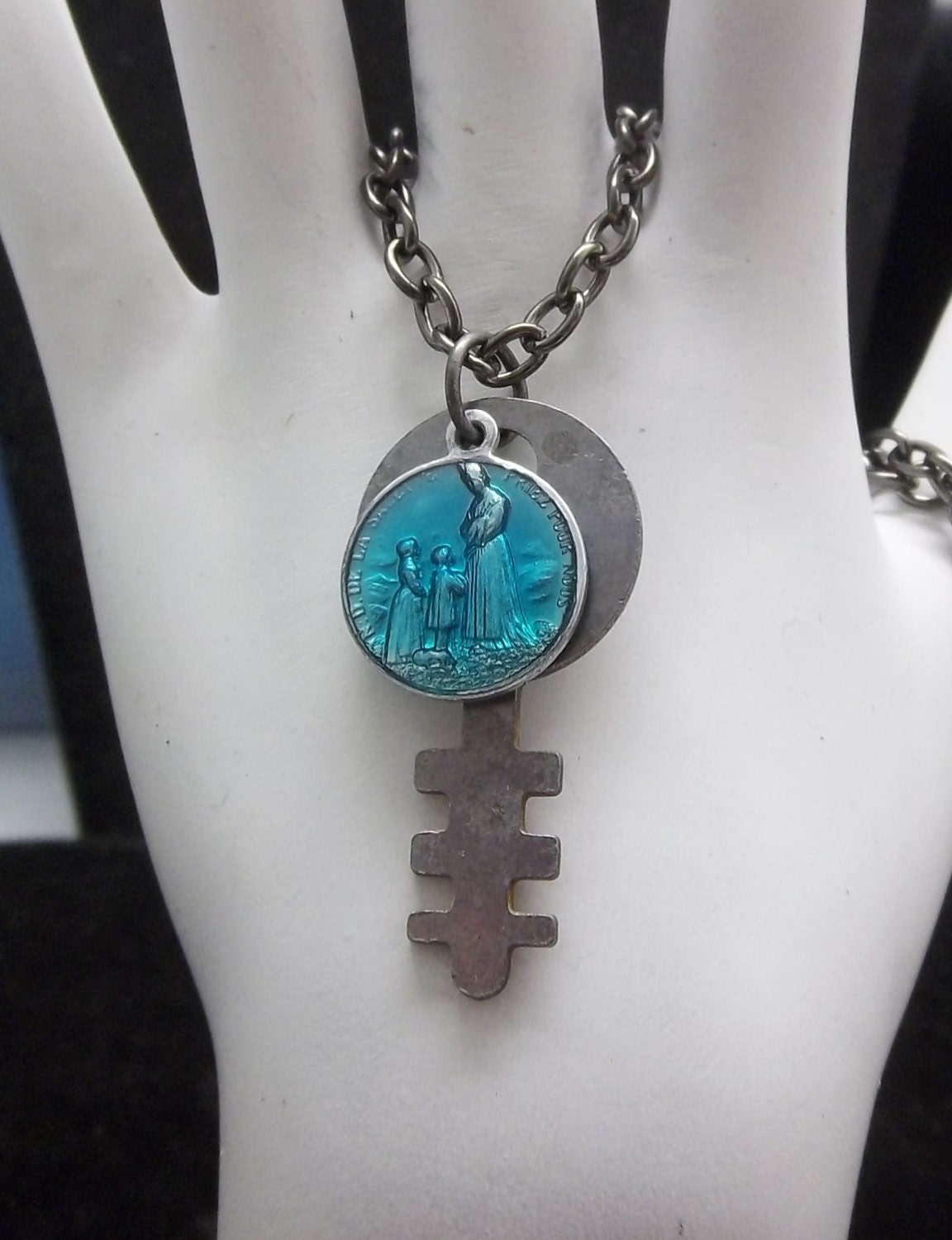 Religious Medal Vintage Key Necklace Repurposed Our Lady Of Of LaSallete Handmade Gunmetal Chain