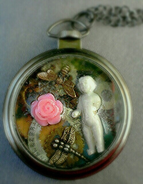 Spring Charlotte Pocket Watch Mixed Media with Authentic Frozen Charlotte Doll Necklace