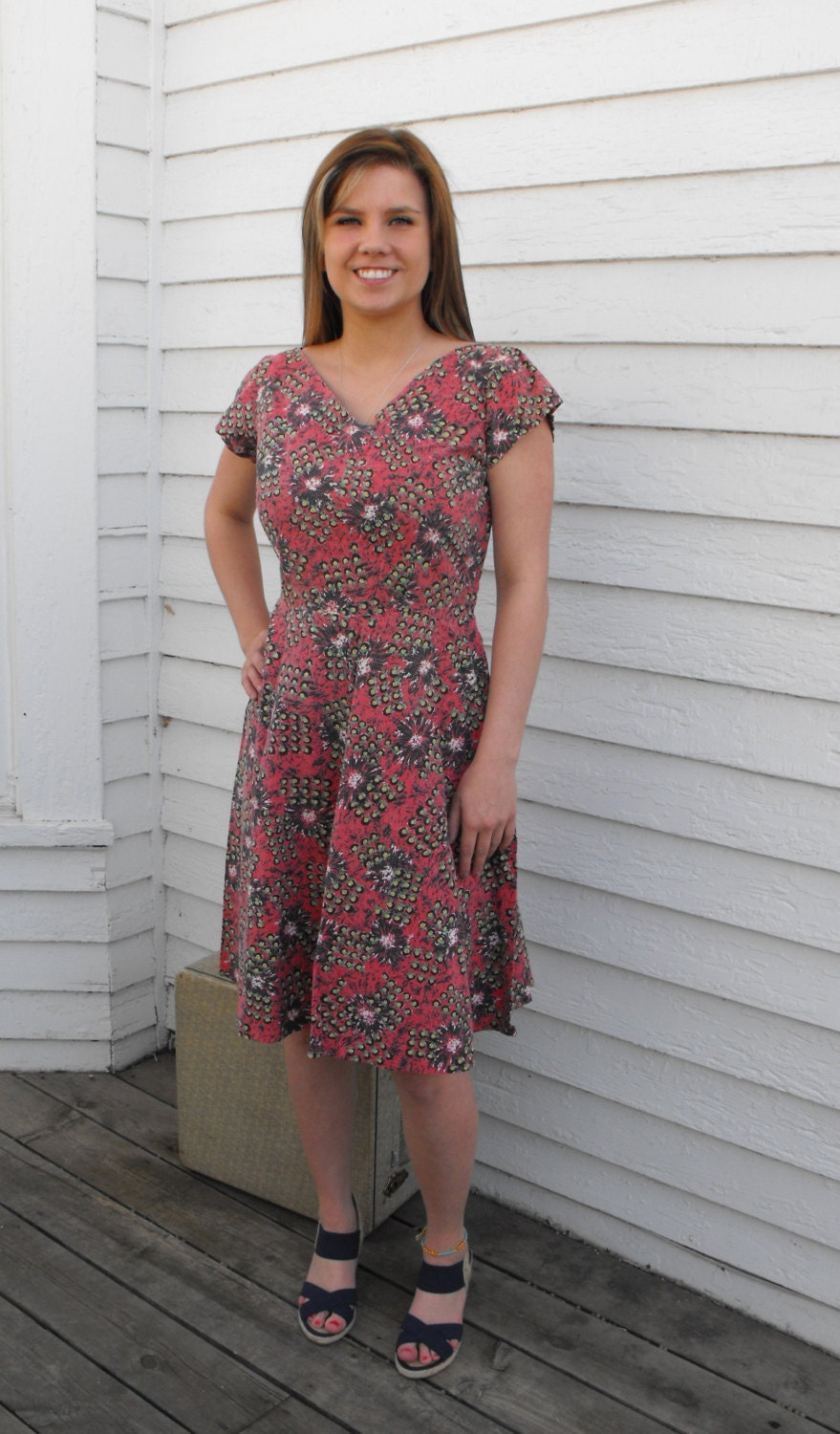 Vintage 50s Dress Print Cotton Spring Summer Floral M L