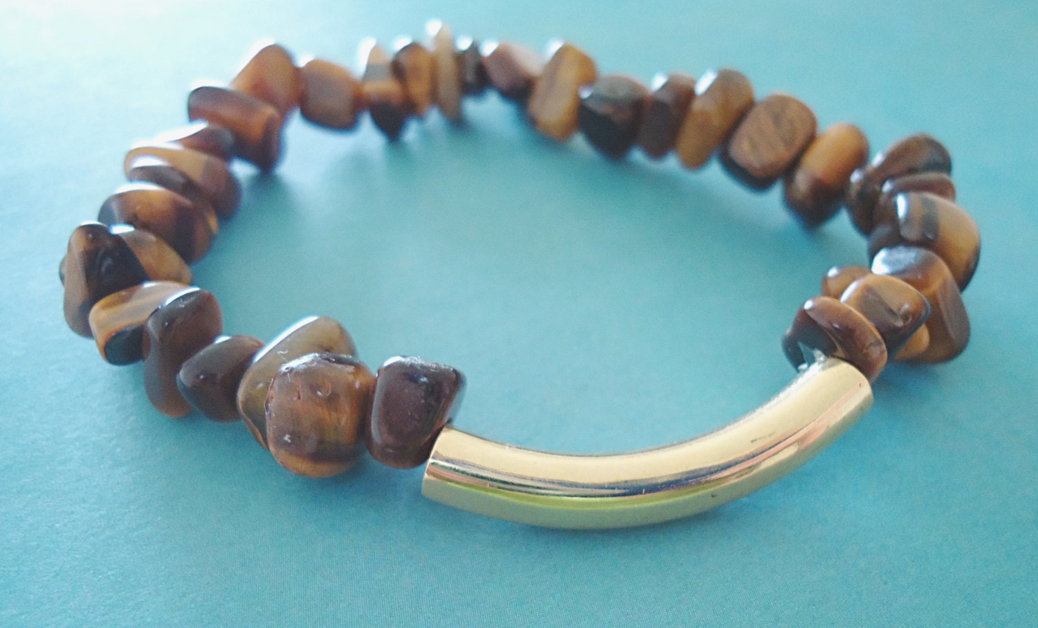 Golden Brown Tiger Eye Chip & Gold Bar Elastic Bracelet - Stacking, Bohemian, Casual, Elegant, Layering