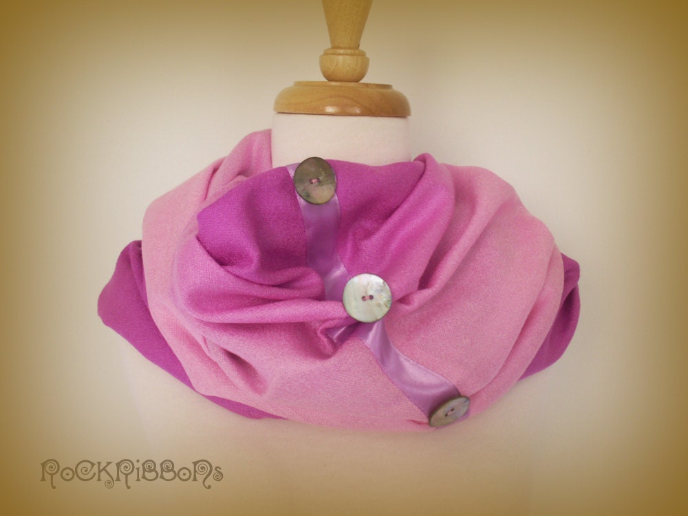 Mid pink soft pashmina - infinity - ombré - eco - scarf - shoulder warmer - circular scarf - cowl - snood - knit scarf with shell buttons.