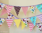 Mini pennant fabric banner - bunting with owls in lavender, pink, yellow and turquoise prints - room decor or photo prop