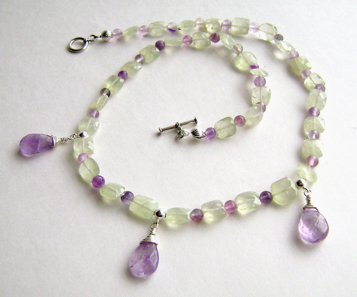 CLEARANCE Amethyst Necklace, Gemstone Jewelry, Faceted Prehnite, Sterling Silver, Amethyst Drops, Celadon, Mint, Sage, Lavender, Violet