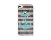 Striped Anchor iPhone 4 Case - Plastic iPhone 4s Case - Wood Nautical iPhone Case Skin - Turquoise Blue Brown White Cell Phone