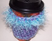 Lavender and Light Blue Crochet Coffee Cup Cozy, OOAK Coffee Cup Sleeve, Teacher's Gift or Stocking Stuffer for the Coffee Lover