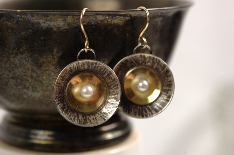 Sun Inspired Earrings: Hammered, Oxidized Sterling Silver with 14 k Gold Fill & Pearl Earrings - Fine Jewelry - statement - custom order