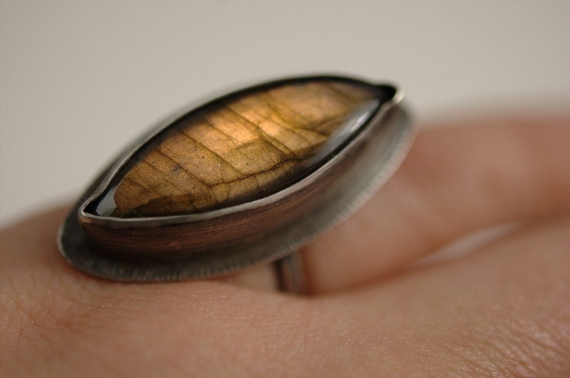 Northern Lights Series: Hammered & Oxidized Sterling Silver Adjustable-Size Ring with Labradorite - Fine Jewelry - statement