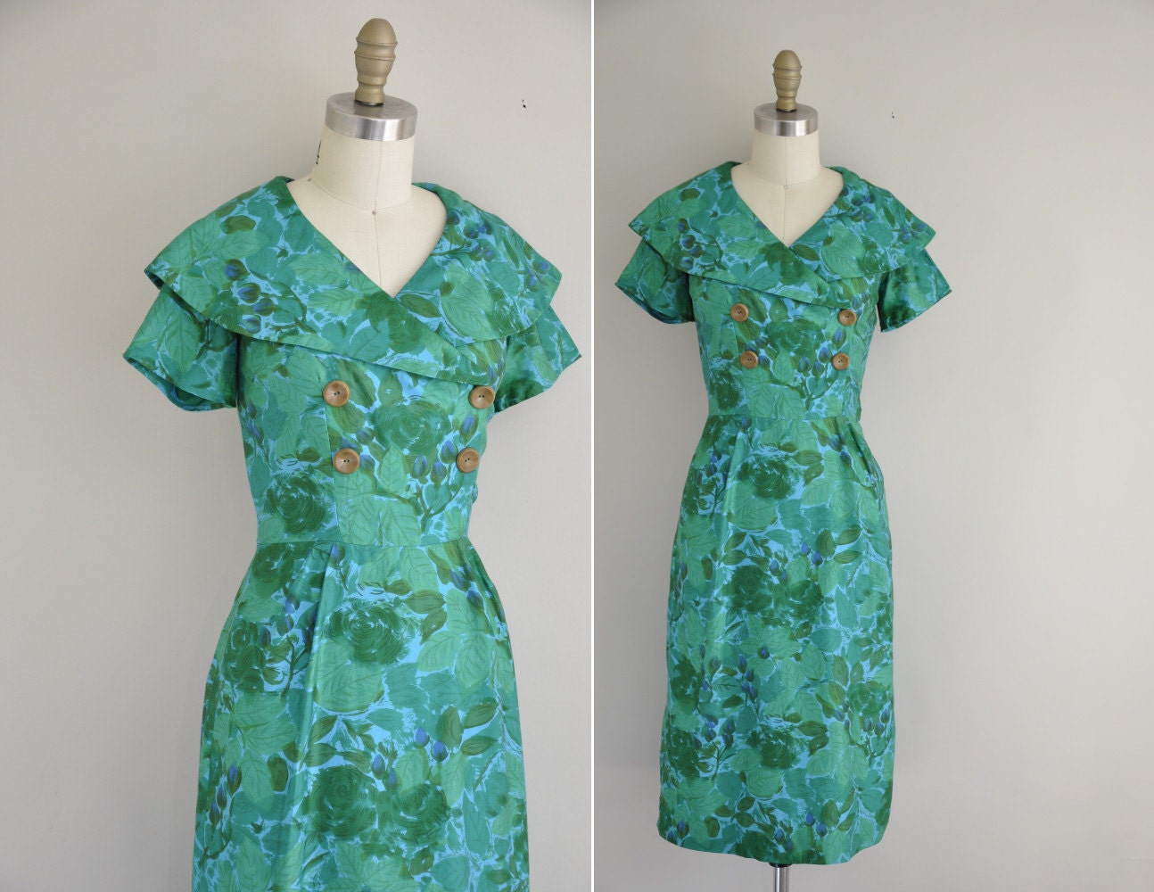 vintage 50s dress / 1950s beautiful turquoise and kelly green floral dress / 50s wide collar wiggle dress