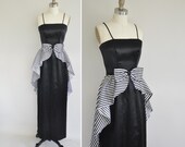 vintage 60s dress / 1960s black satin stripe dress / 60s large bow tie cocktail gown