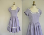 vintage 1950s dress / 50s lilac cotton dress / 1950s lace dress with rhinestones