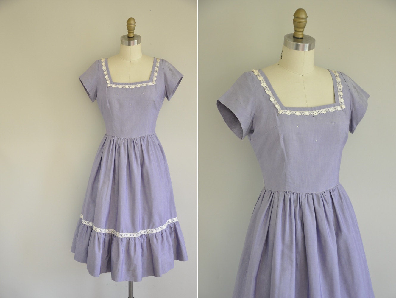 vintage 1950s dress / 50s lilac cotton dress / 1950s lace dress with rhinestones