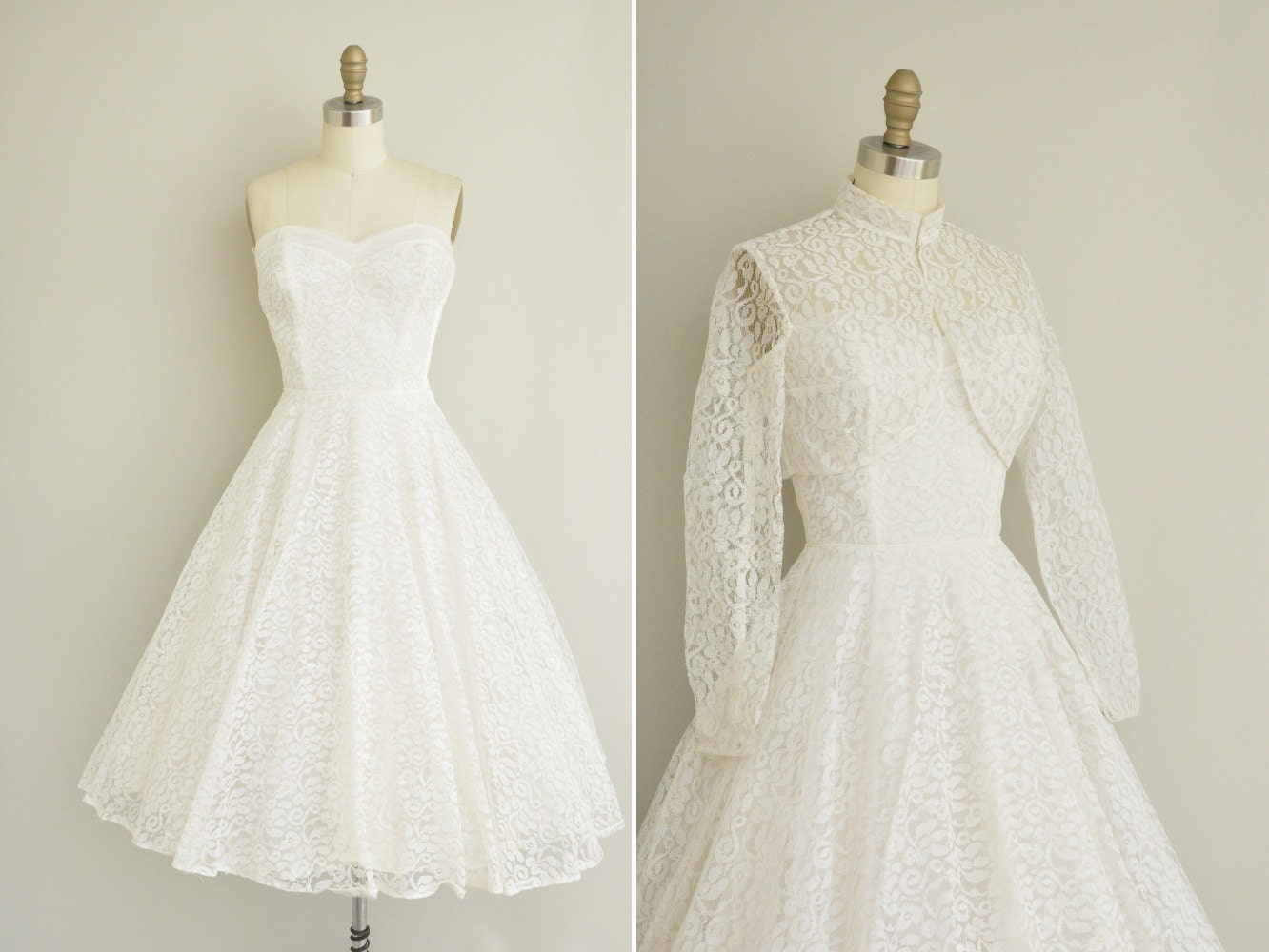 vintage 1950s wedding dress / 50s shrug and strapless dress / 50s tea length white lace dress