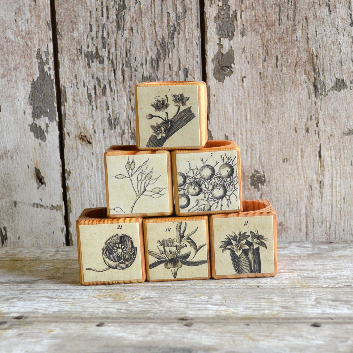 1 Reclaimed Wood Cobblestone Candle Block with Botanical Decoupage No. 1