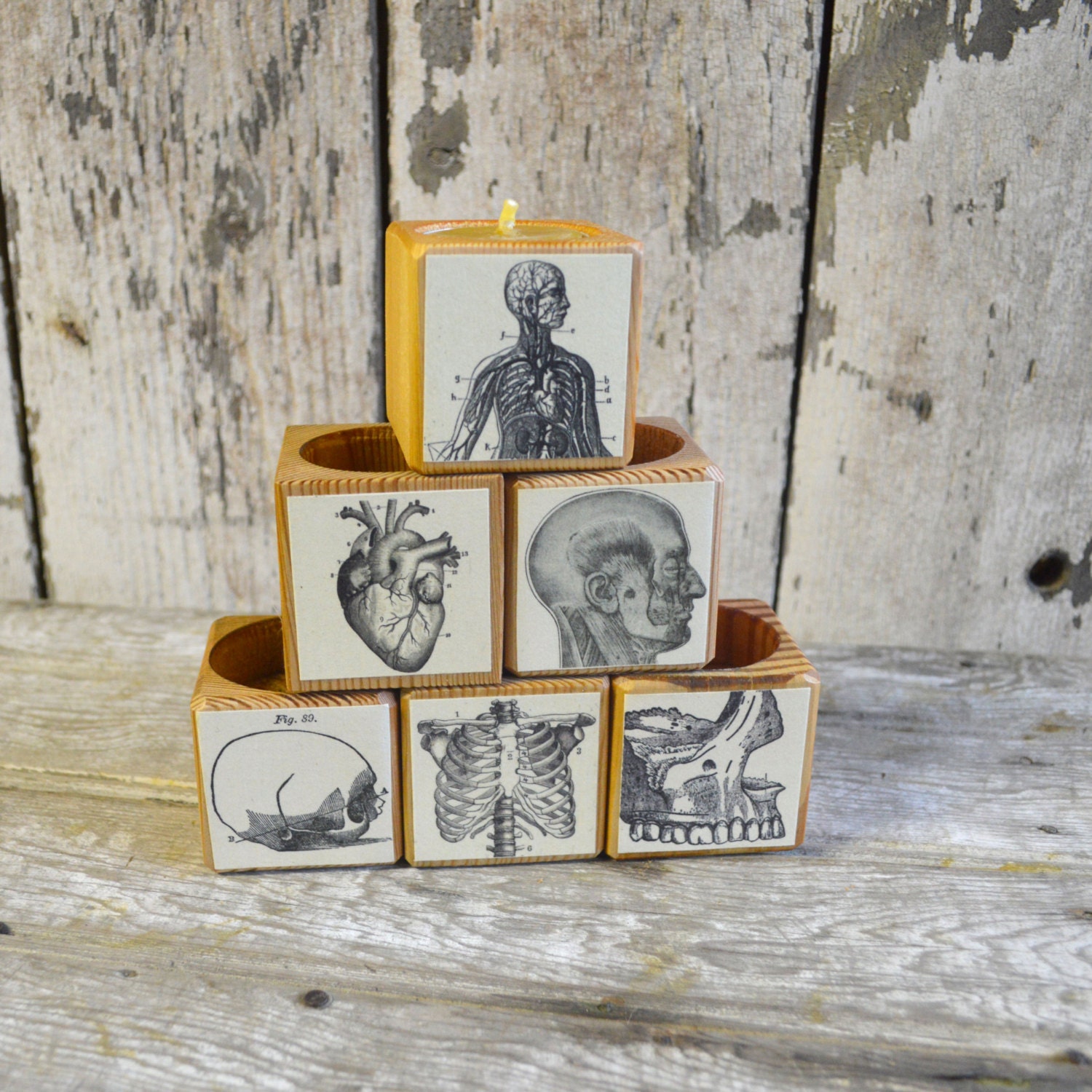 1 Reclaimed Wood Cobblestone Candle Block with Medical Decoupage No. 2