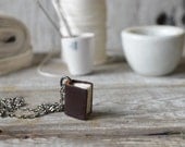 Book Necklace: Small, chocolate bit of sofa, reclaimed leather.