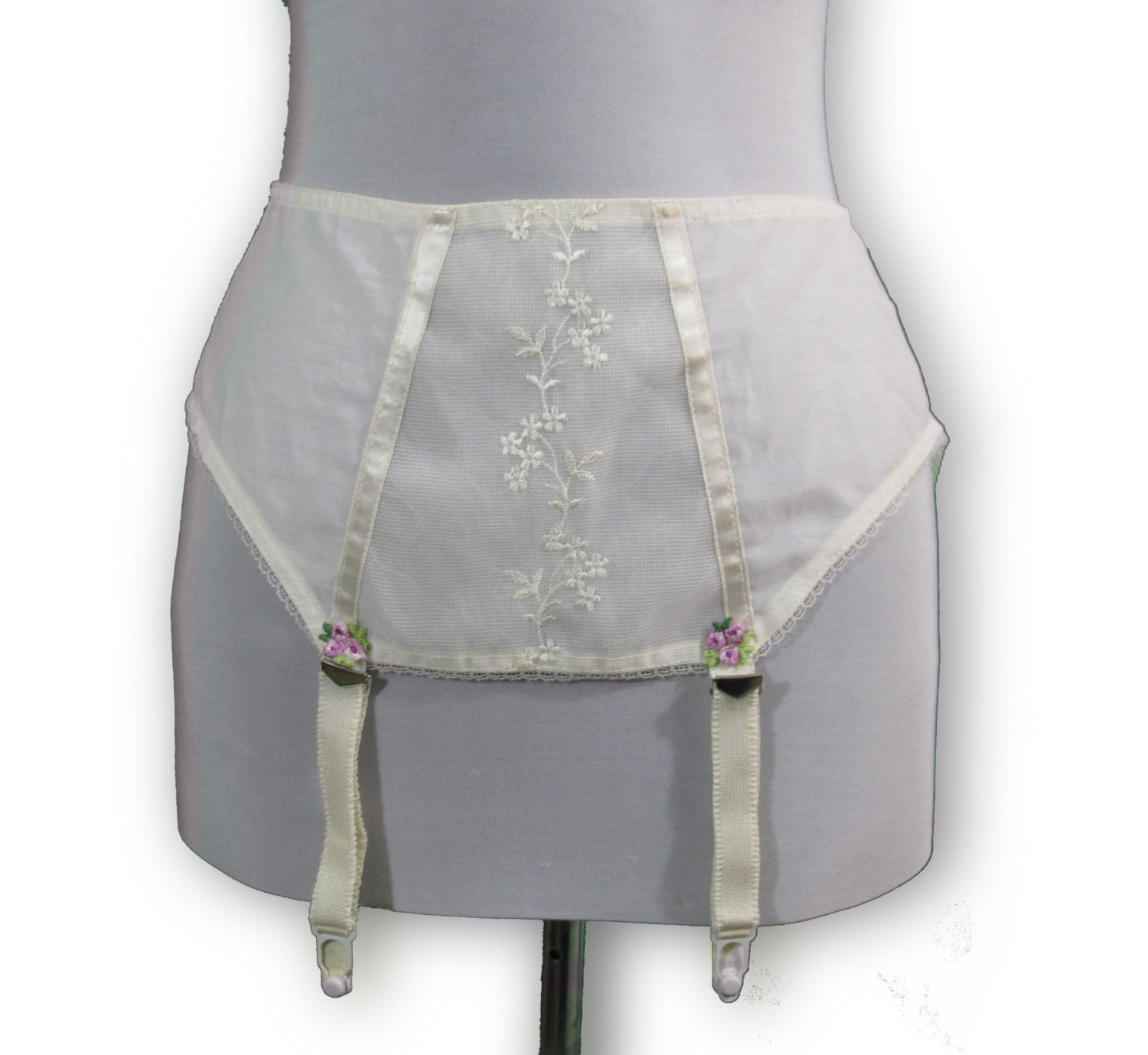 1950's vintage OLGA garter belt embroidered with flowers