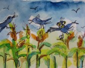 Crows in the Corn Aceo orignal watercolor painting
