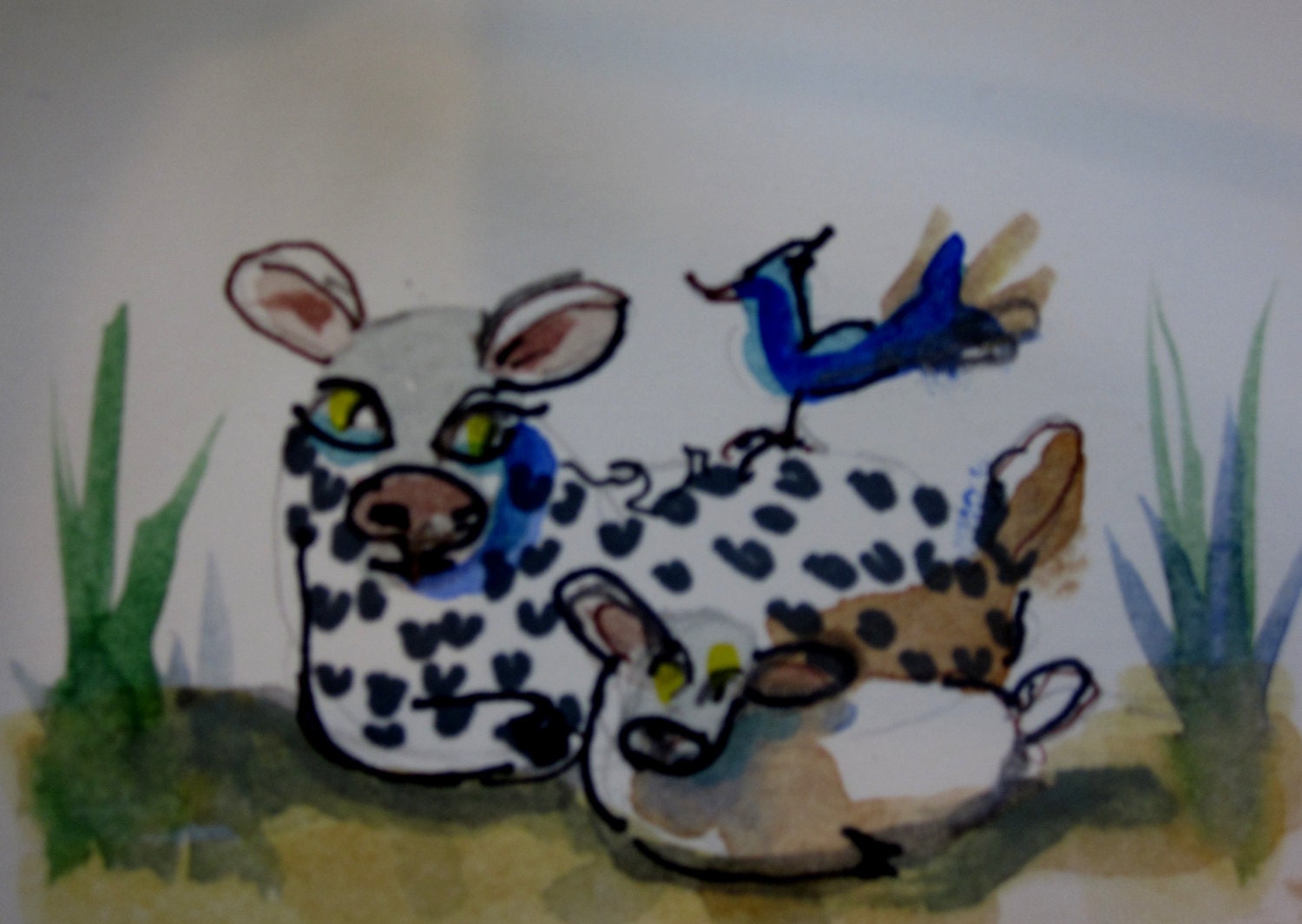 Folk Lambs Aceo original watercolor painting