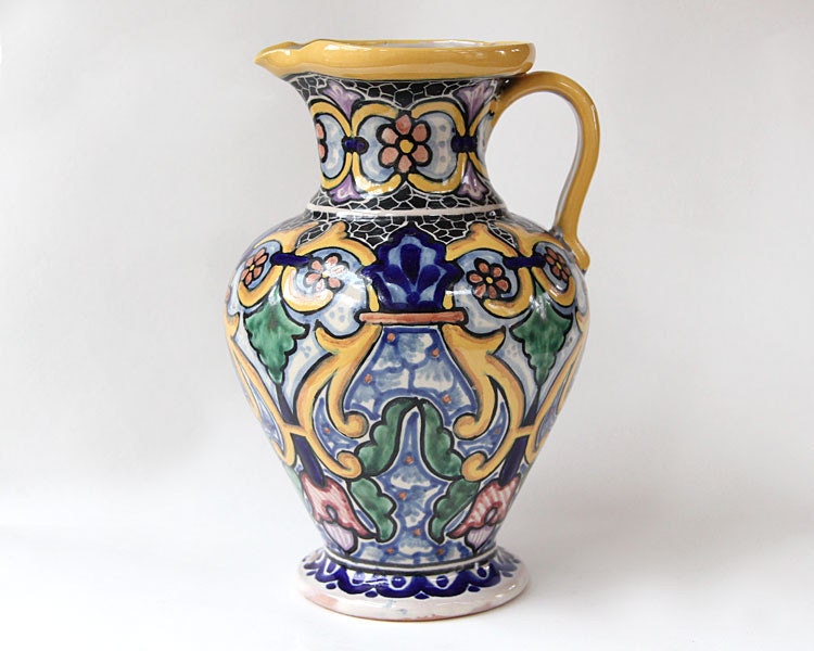 Pottery Pitcher Vintage Puebla Talavera Pottery Pitcher Signed