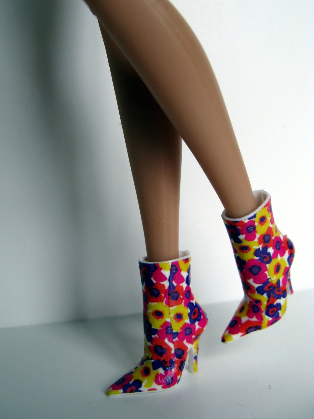 OOAK White pink orange yellow pink purple floral print ankle boots with white soles for 12-inch fashion dolls