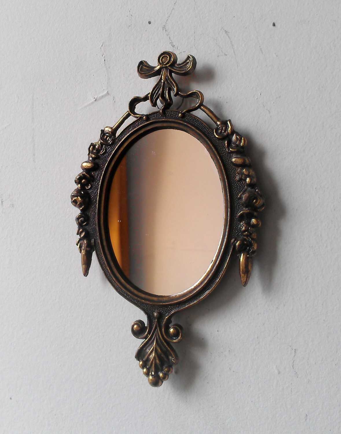 Oval Mirror in Small Vintage Tarnished Brass Frame
