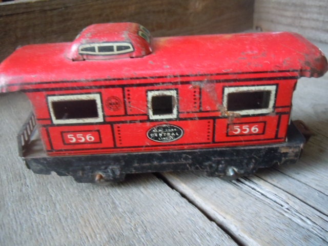 Tin Toy Train Caboose Red Rustic Metal Marx Aged Patina Vintage Home Decor by AMarigoldLife
