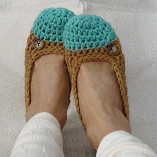 Crochet Slippers Womens Flats Turquoise and Light Brown