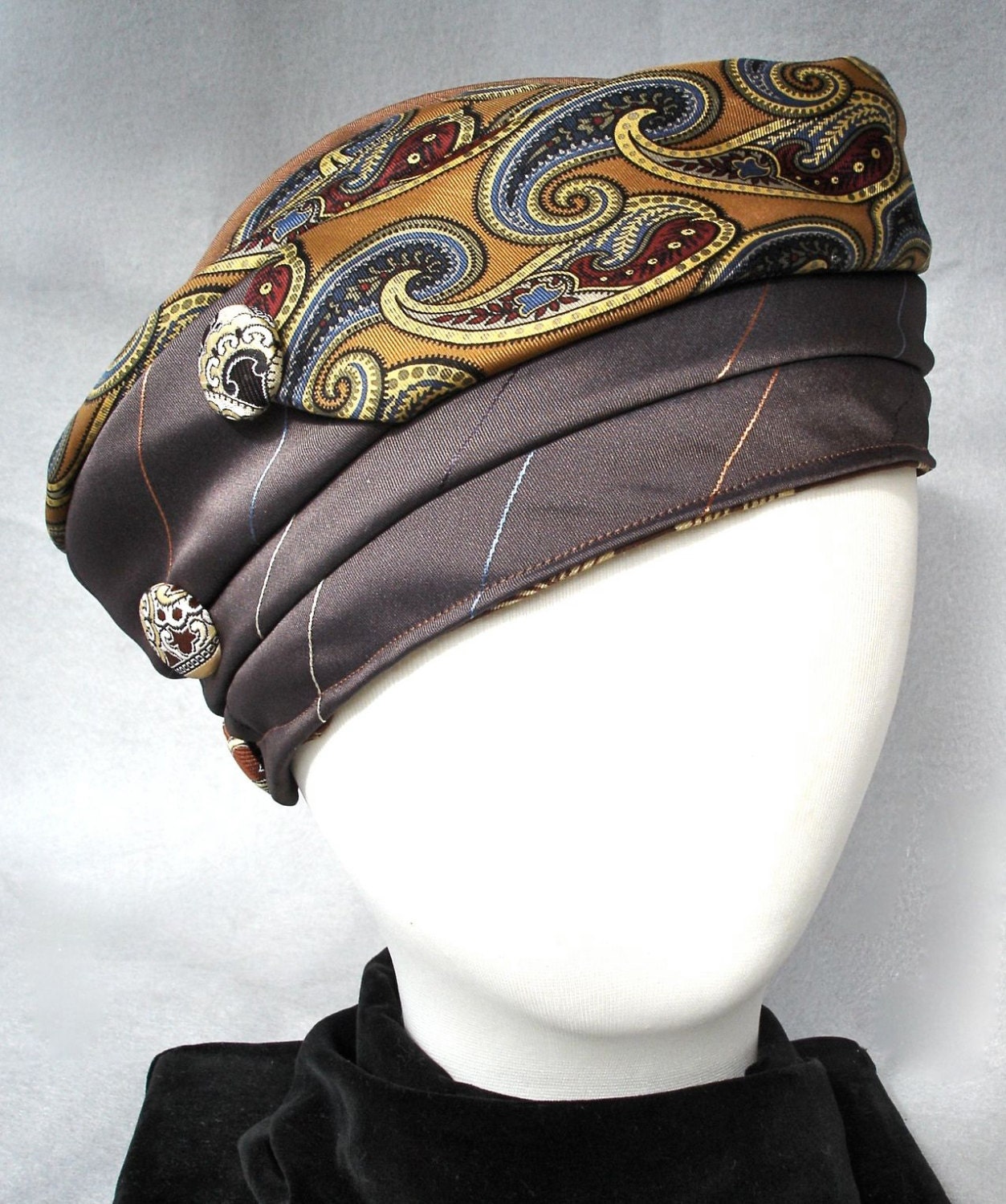 Brown and Gold Turban Made From Repurposed Neckties
