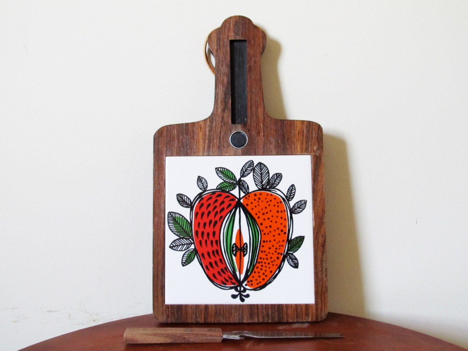 vintage 1960s Cutting Board // Mod Apple Graphic // Wall Hanging // Tile, Knife // Retro